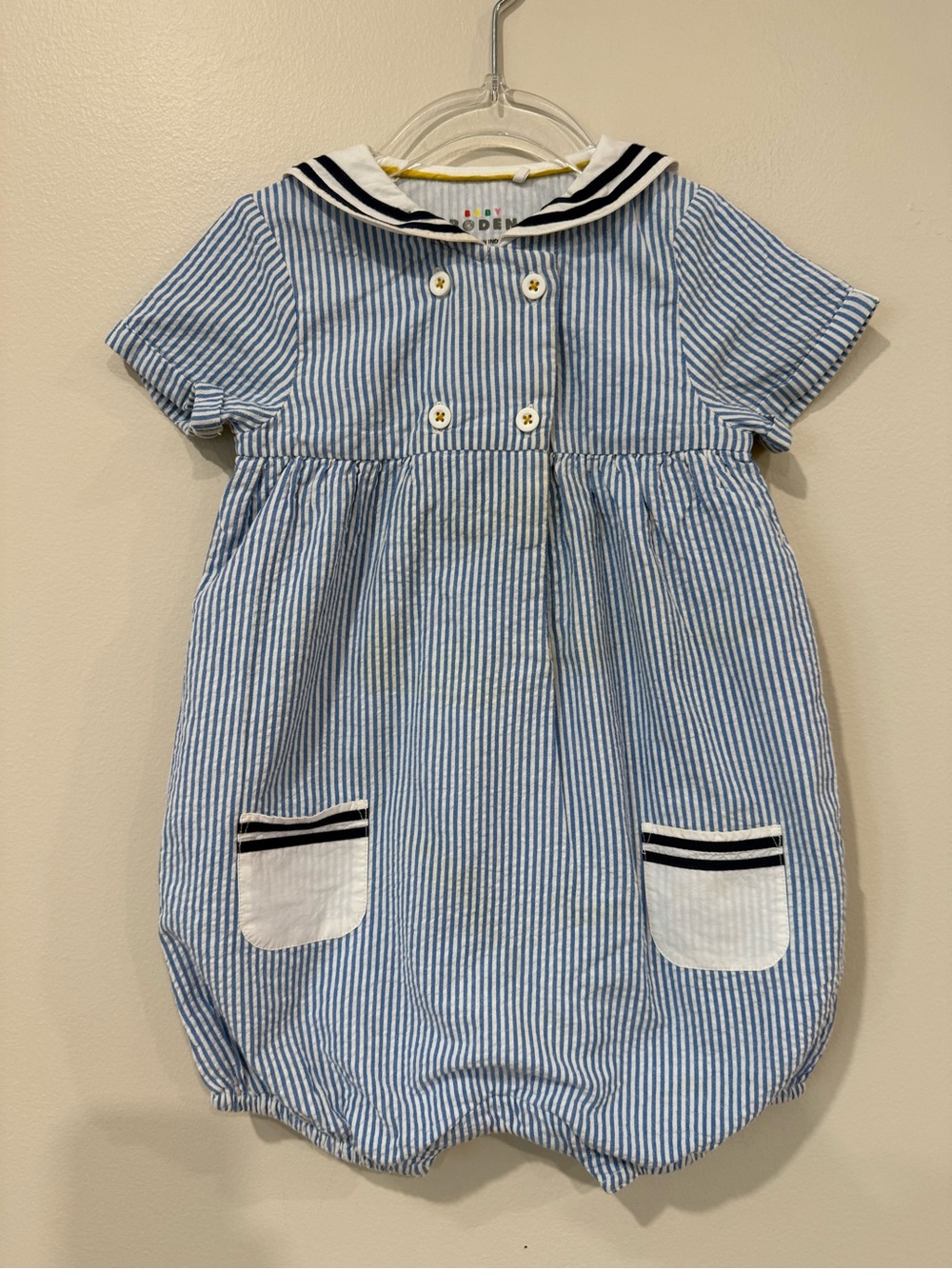 Mini Boden Heritage Nautical Stripe Romper Seersucker 18-24 Sailor Donald Duck